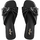 White Sandals Womens Bow Flat Sandals Dressy - Cute Summer Beach Sandals for Women 2026, Square Open Toe Comfortable Slip On Slide Sandals Bride Wedding Bridal Dress Shoes Slippers Balck Pink Gold Nude