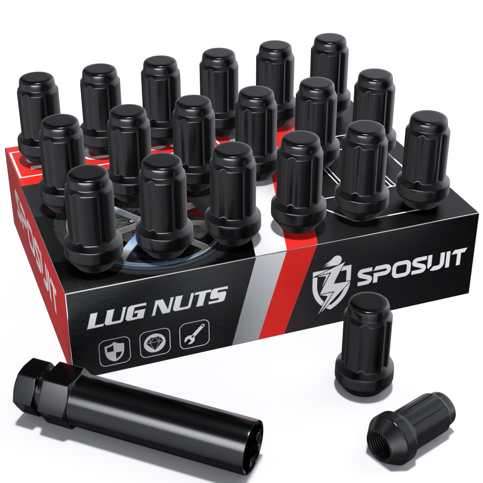 Photo 1 of Sposuit 1/2-20 Spline Lug Nuts - Replacement for 1974-2001 Jeep Cherokee, 2002-2013 Liberty, 2007-2018 Wrangler, 1993-2010 Grand Cherokee - Closed End Black Lug Nut with Socket(20 Pcs)
