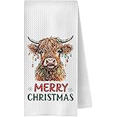 ChenCraty Christmas Highland Cow Kitchen Towels, Cow Lover Gifts Dish Tea Towel for Kitchen Decor, Merry Christmas Lights Highland Cattle Decorative Hand Towels for Bathroom, 16x24 Inches