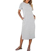 ANRABESS Womens Summer Casual Midi Dress Short Sleeve Crewneck T Shirt Long Dresses Split Stripe Beach Vacation Travel Outfit