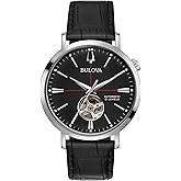 Bulova Men's Classic Aerojet 3-Hand Automatic Leather Strap Watch, Open Aperture, 40-Hour Power Reserve, Double Curved Mineral Crystal, 41mm