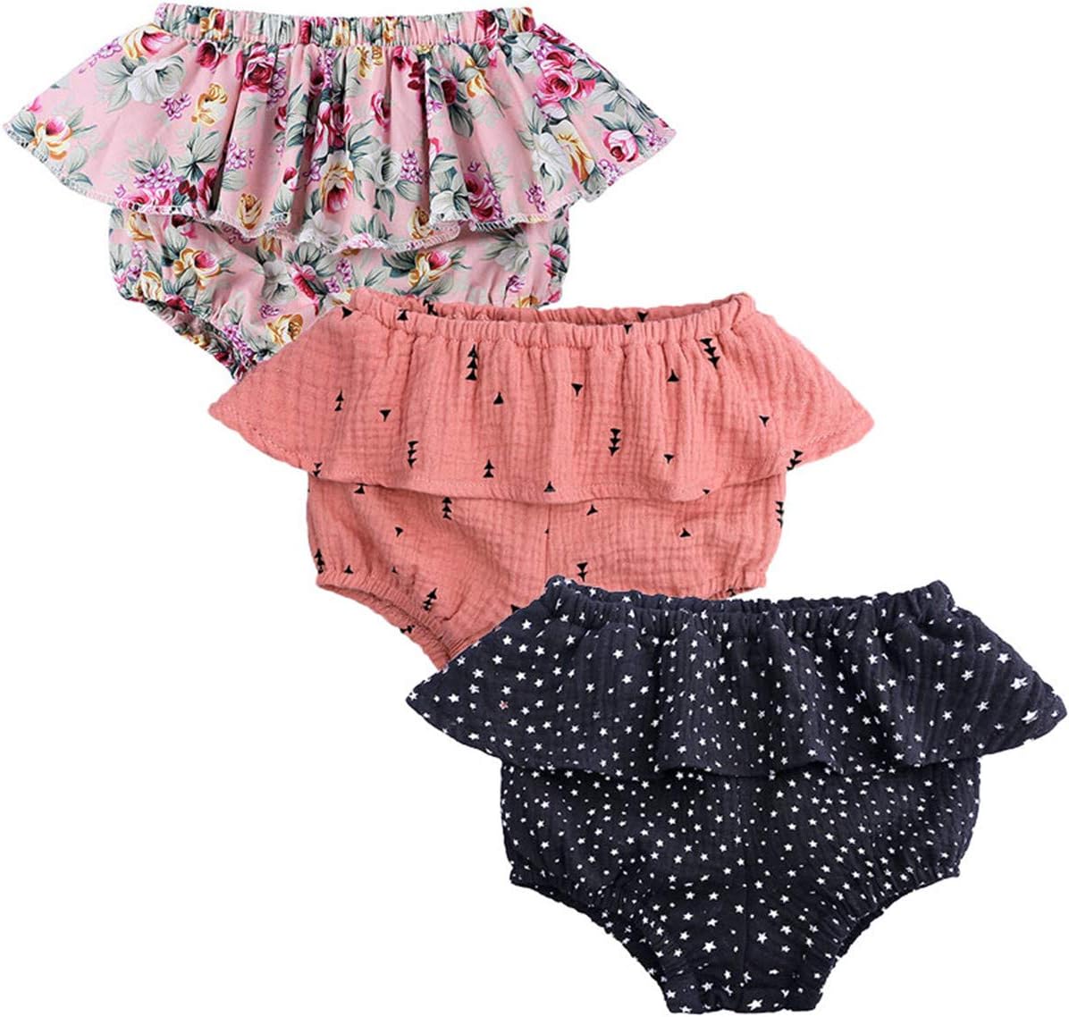 REWANGOING 3 Pack of Baby Infant Kids Girl Soild Cotton Linen Blend Soft Ruffle Bloomer Shorts Pants