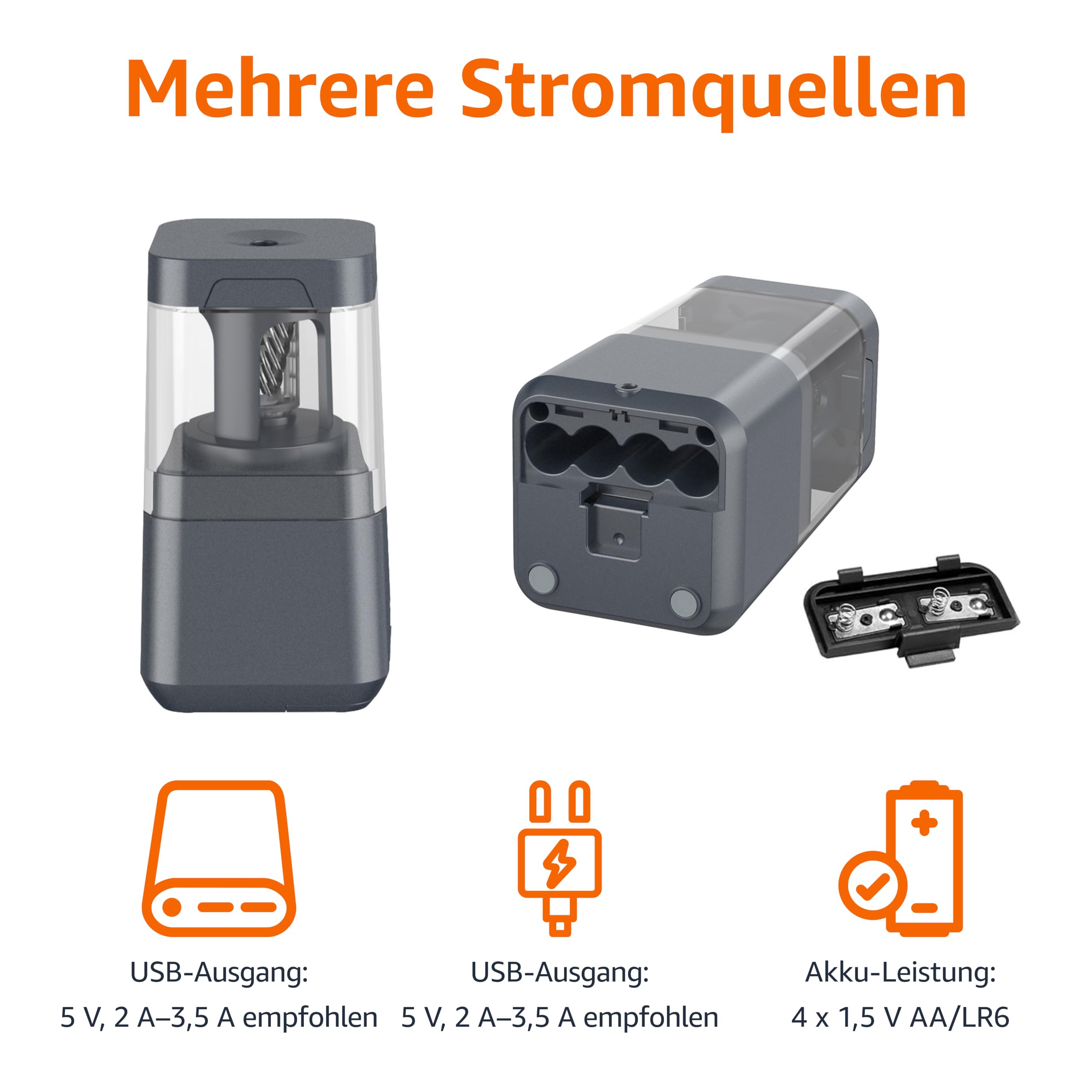 Amazon Basics Tragbarer elektrischer Bleistiftspitzer, spiralförmige Klinge, automatischer Stopp, batterie-/USB-betrieben, Schwarz, 7.1 x 7.1 x 13.46 cm 2