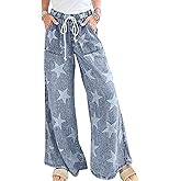 CHARTOU Women Baggy Wide Leg Drawstring Jeans Flare Elastic High Waist Star Printed Jeans Loose Denim Pants
