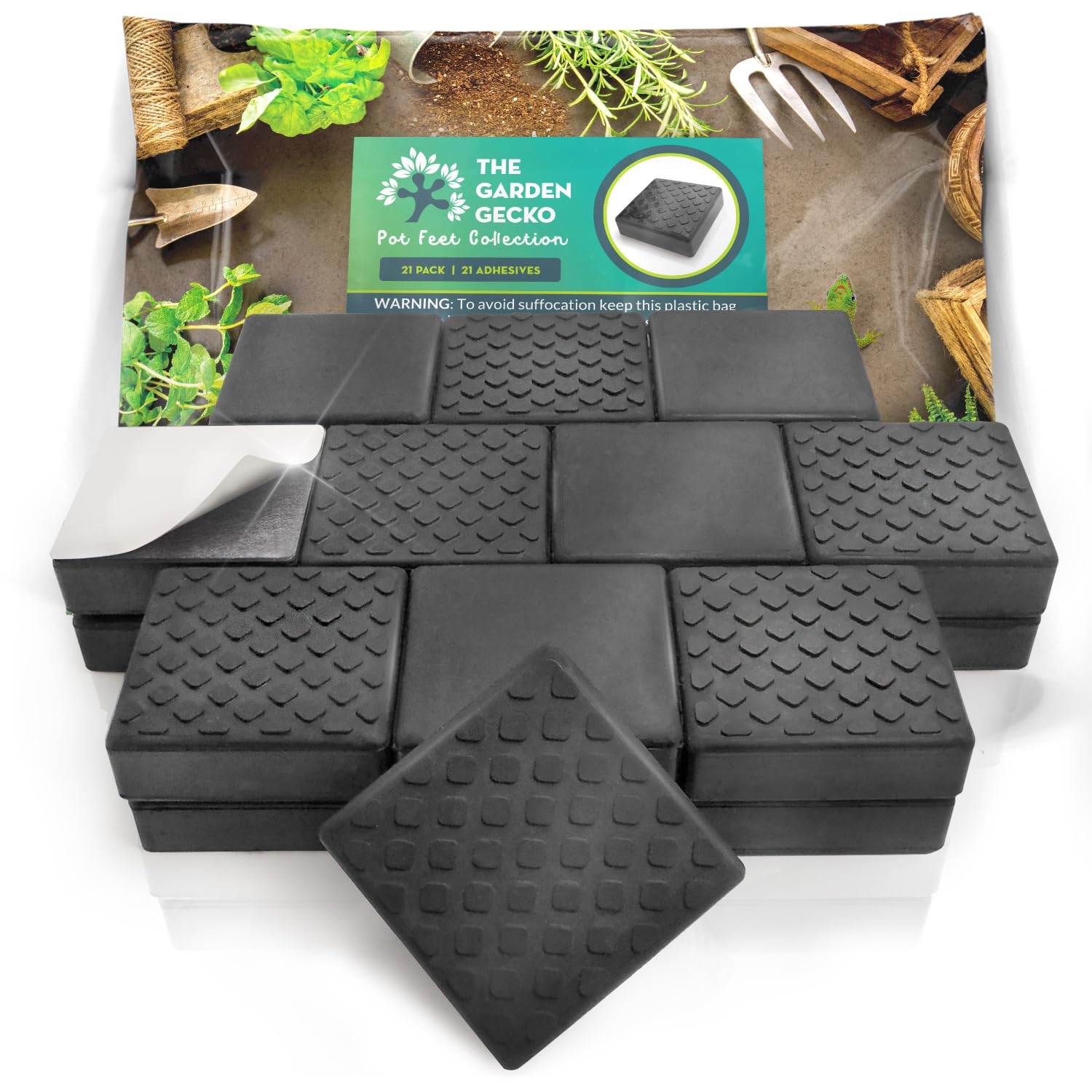 The Garden Gecko Invisible Pot feet for outdoor plant pots and flowers, solid rubber risers with a custom non-slip square surface grip | 21 POT FOOT + 21 STRONG ADHESIVE PADS.