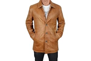 LP-FACON Men's 3/4 Mid Length Genuine Leather Trench Coat - Dean Winchester Vintage Leather Blazer Jacket Car Coat
