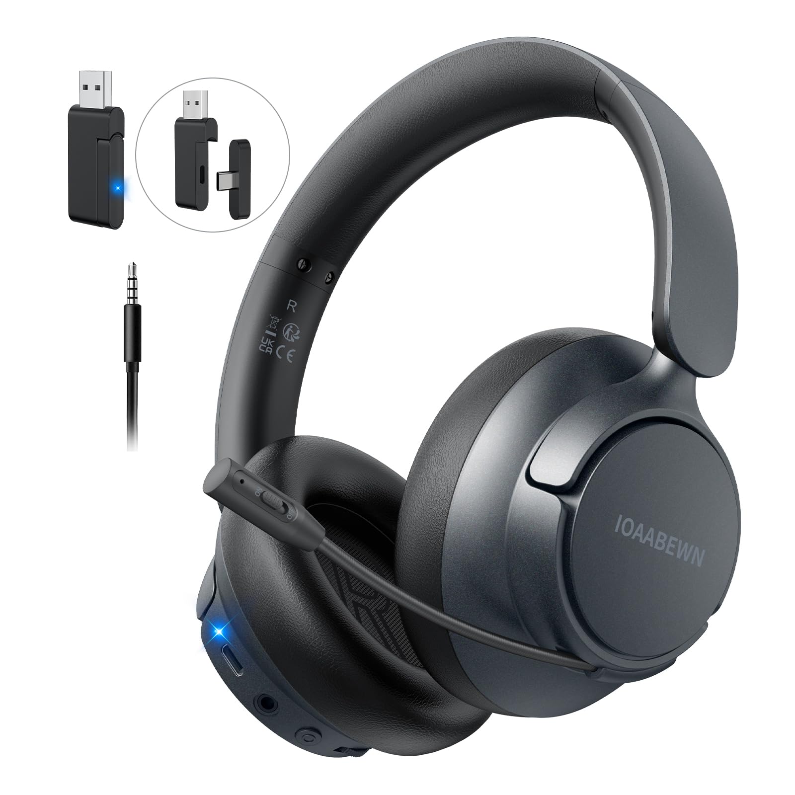 IOAABEWN 2.4GHz Wireless Gaming Headset with 2-in-1 Type C & USB Transmitter, ENC Microphone, Bluetooth Gaming Headphones, 55H Battery, Low Latency for PC, Laptop, PS4, PS5, Switch, Black, ForceOne41