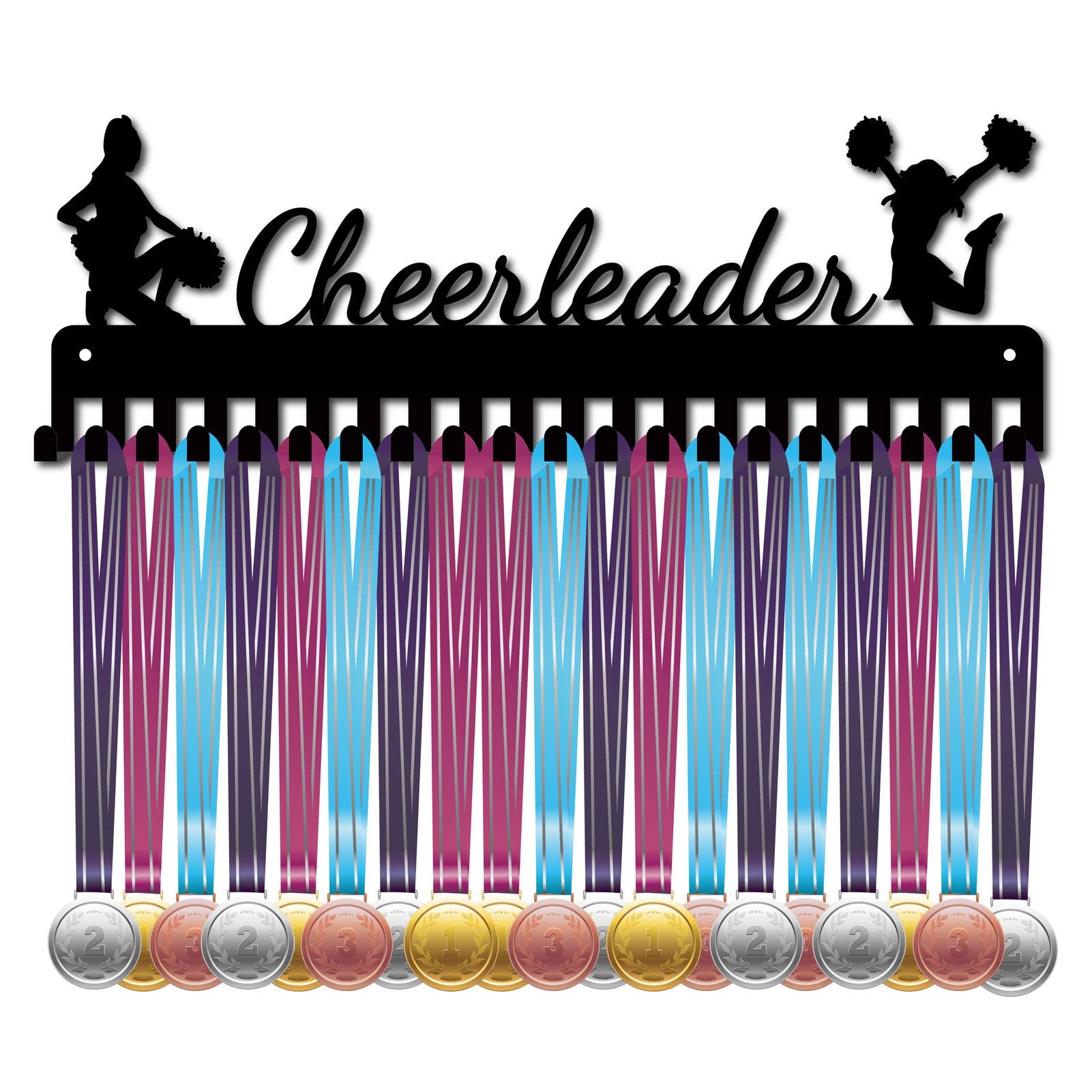 CREATCABIN Cheerleader Medal Holder Display Hanger Rack Sports Metal Wall Mount with 20 Hooks Hang Over 60 Medals Runners Home Badge Running Marathon Gymnastics Black 15.7 x 5.4inch