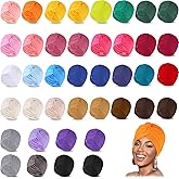 Handepo 40 Pcs Turbans for Women Bulk Stretchy Beanie Turban Cap Pre Tied Knot and Head Wraps Pleated Head scraf for Women Daily Wear Sleep Hat, 28 Colors