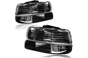 Fullux Headlights Assembly fit 1999-2002 Chevy Silverado 1500 2500 1500HD 2500HD 3500HD / 2000-2006 Tahoe Suburban 1500 2500 Headlamp Amber Reflector Black Housing