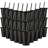 Rtteri 30 Pieces Reusable Cups with Lids and Straws 16 oz Glitter Iced Coffee Tumbler Plastic Travel Mug Cup for Smoothie Juices Valentine's Day, Birthdays, Flamingo Party Bachelor Party(Black)