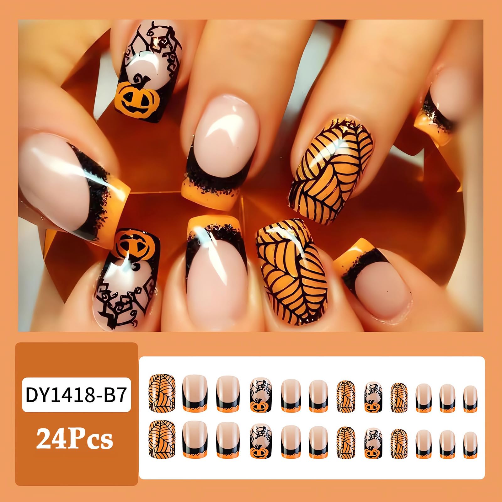 OHWODA Halloween Medium Fake Nails Square Press on Nails Black Spider Web Glue on Nails Halloween Pumpkin Nails Press ons Orange French Halloween Press on Nails for Women DIY Manicure Decorations - Image 2