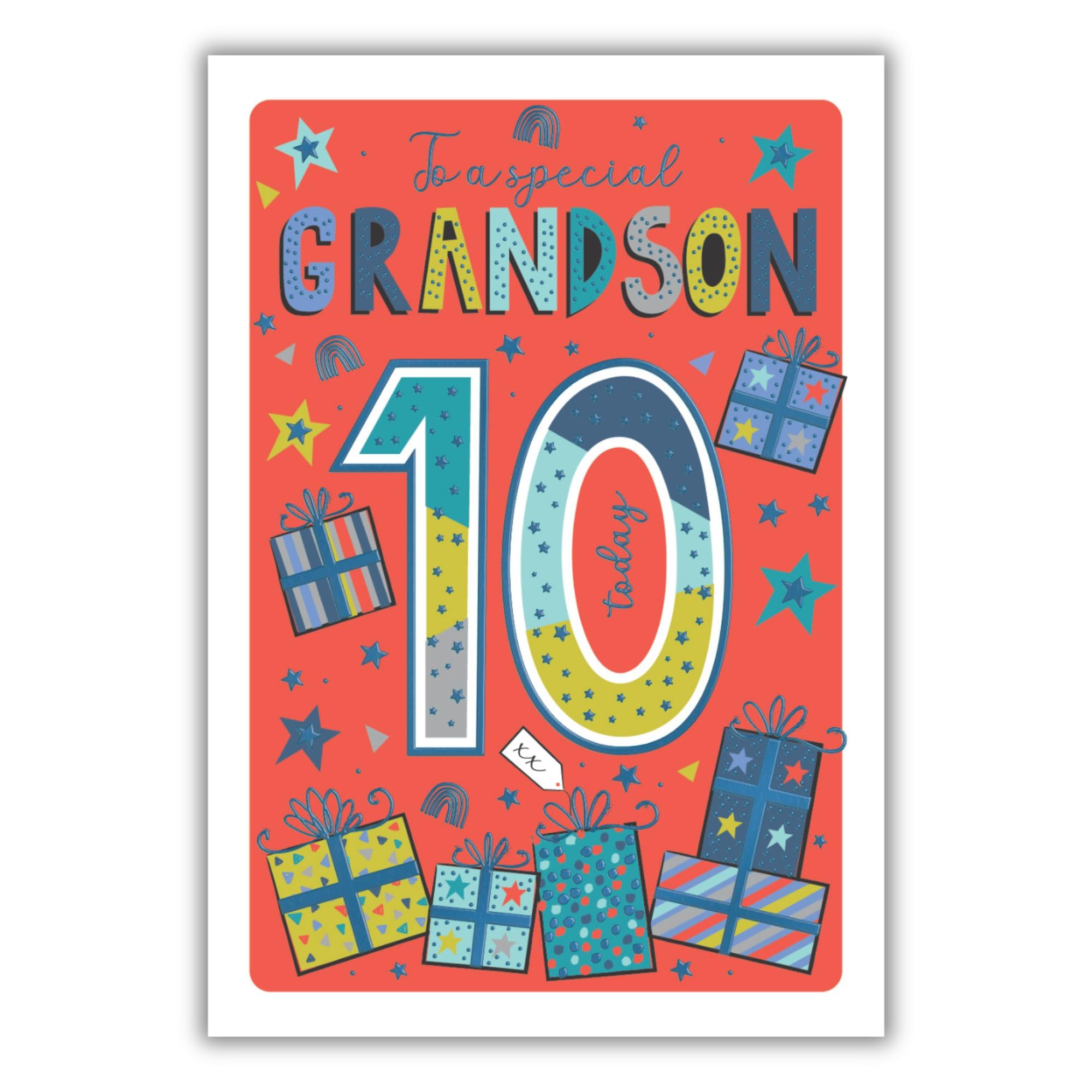 IC&G Boy's 10th Birthday Card – Happy Birthday Card for Children Age 10 with Bright Presents and Stars Design and an Embossed Foil Finish