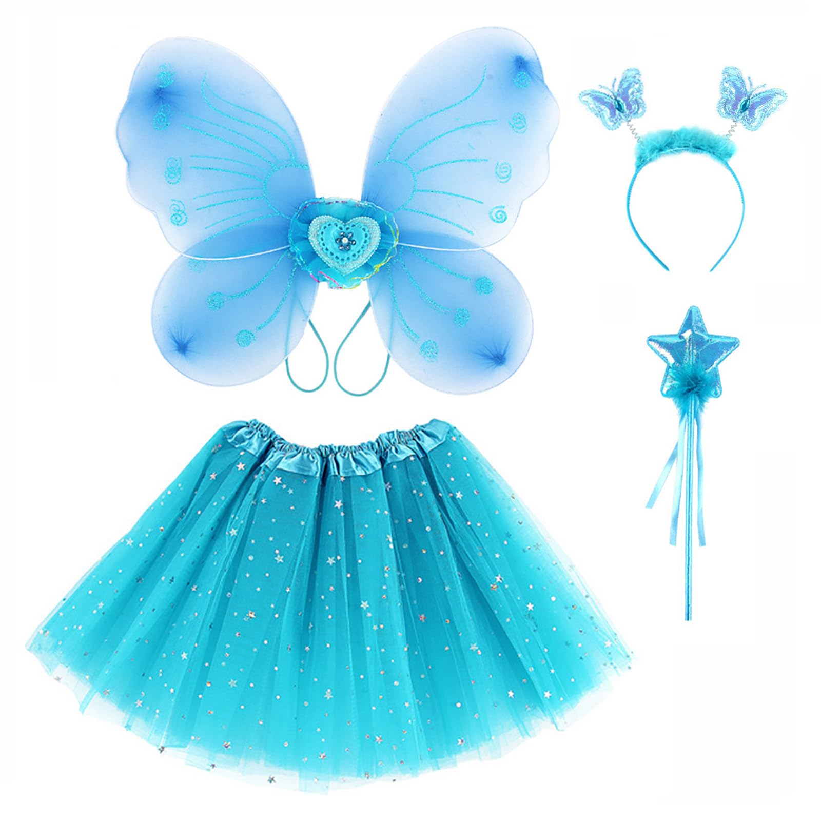 ZJstyle Girls Fairy Costume Set Princess Tutu Skirt Fairy Magic Wings Dress Up Fantasy Costume Play with Wings, Magic Wand and Headband Set for 3-8 Years (Blue)