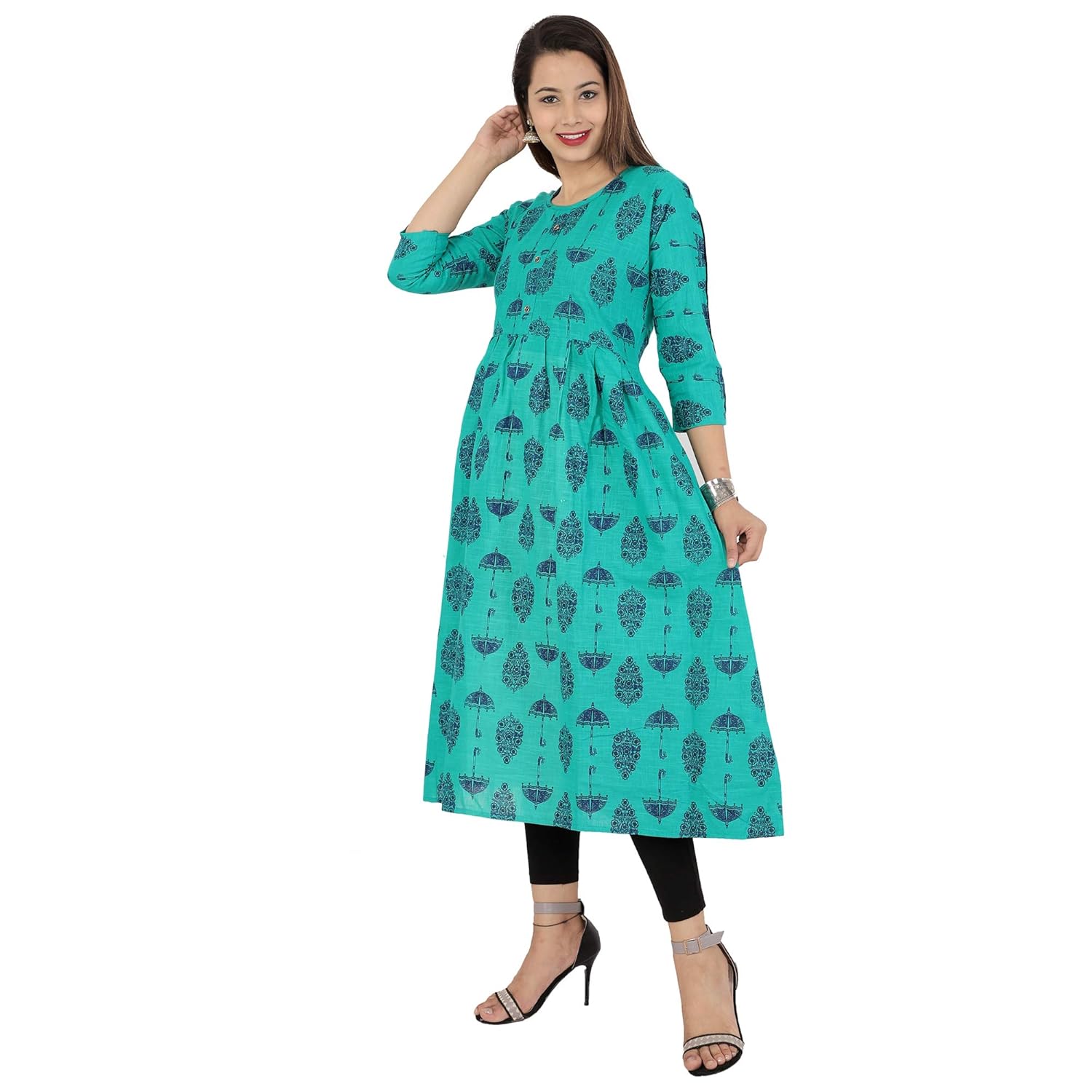 scion women's rama green printed cotton slub anarkali kurti for women
