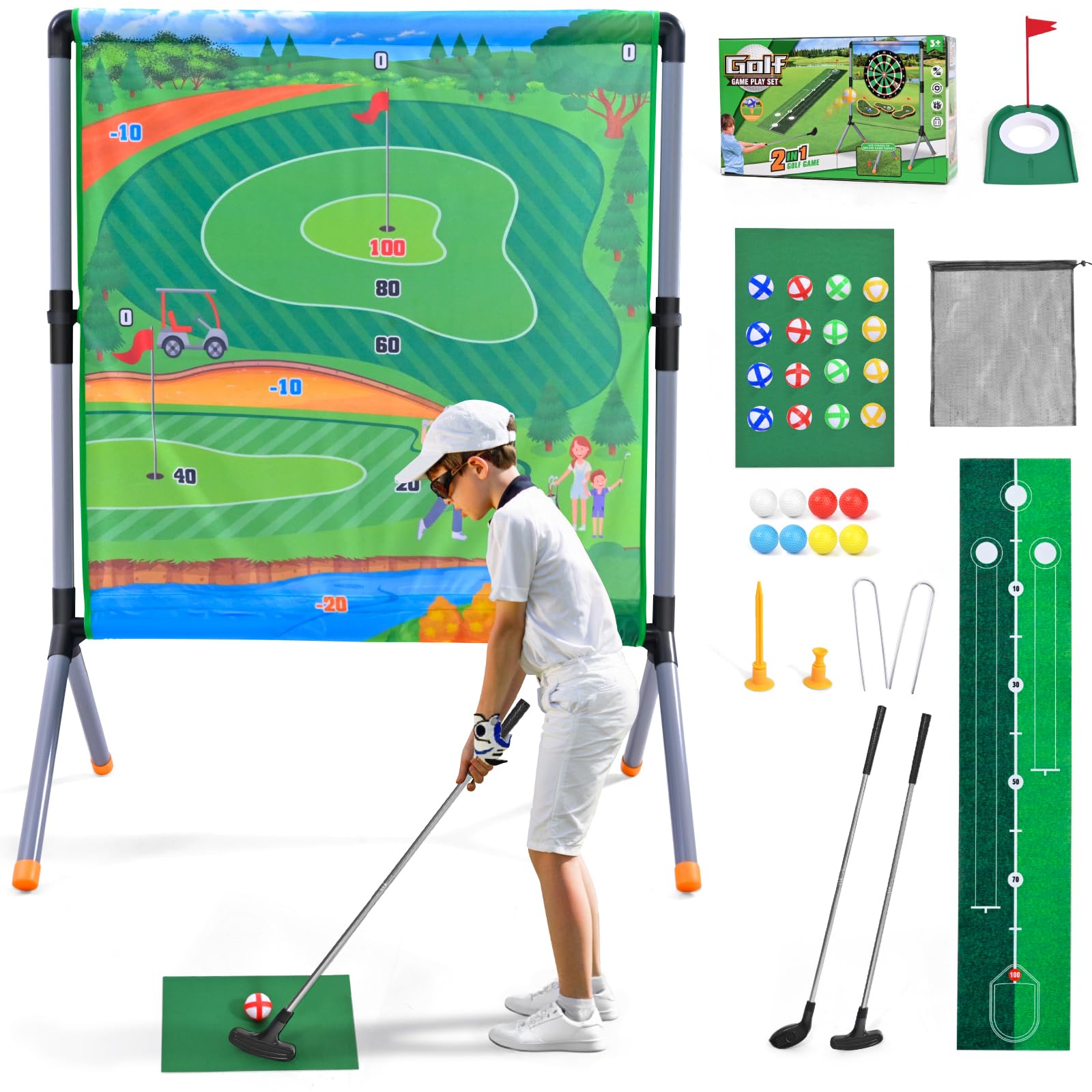 Golf Chipping Game Set, Kids & Adults Indoor Outdoor Golf Play Equipment, Includes Target Mat, 2 Golfclubs, Putting Mat, 24 Balls & Stand for Family Golf Skills Training Gift
