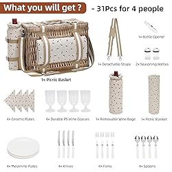 31Pcs Picnic Basket for 4 -Wicker Picnic Set with