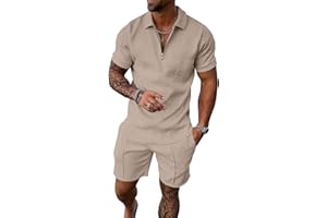 UOUA Mens Summer Track Suits 2 Piece Shorts Sets Short Sleeve Sweatsuit Outfits 1/4 Zip Golf Polo Shirts Loungewear