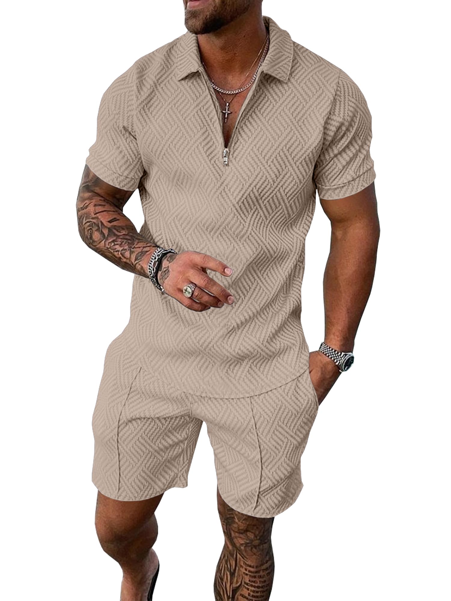 Photo 1 of UOUA Mens Short Sets 2 Piece Summer Casual Outfits Polo Short Sleeve Shirts & Shorts Track Suit Jogging Sweatsuit Loungewear Khaki XL
