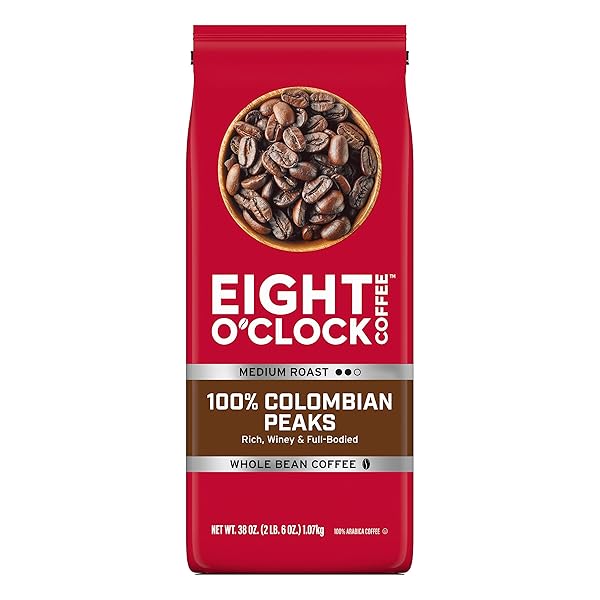 EIGHT O’CLOCK COFFEE 100% COLOMBIAN PEAKS WHOLE BEAN COFFEE, MEDIUM ROAST, 38 OUNCE (PACK OF 1) – RICH, WINEY & FULL BODIED