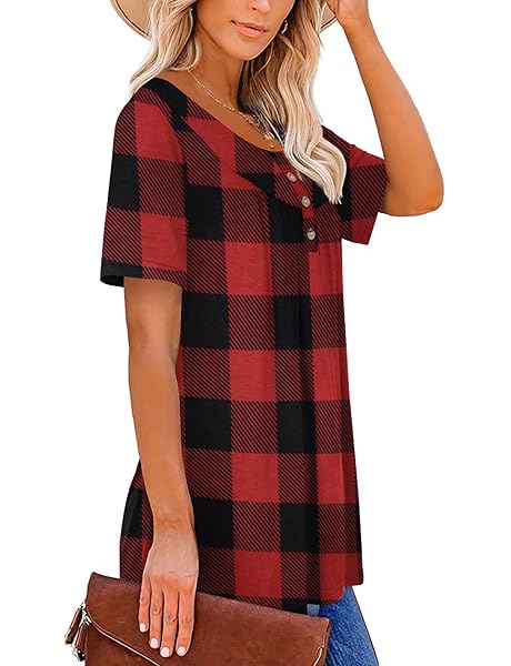 MYSTRY ZONE WOMEN TARTAN PLAID SHIRT SHORT-SLEEVED CASUAL LOOSE FIT TOPS WITH PLEATED CHEST RED M
