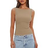 Darong Women's Boat Neck Tank Top Sleeveless Double Lined Basic Tops Going Out Casual Tank Shirts