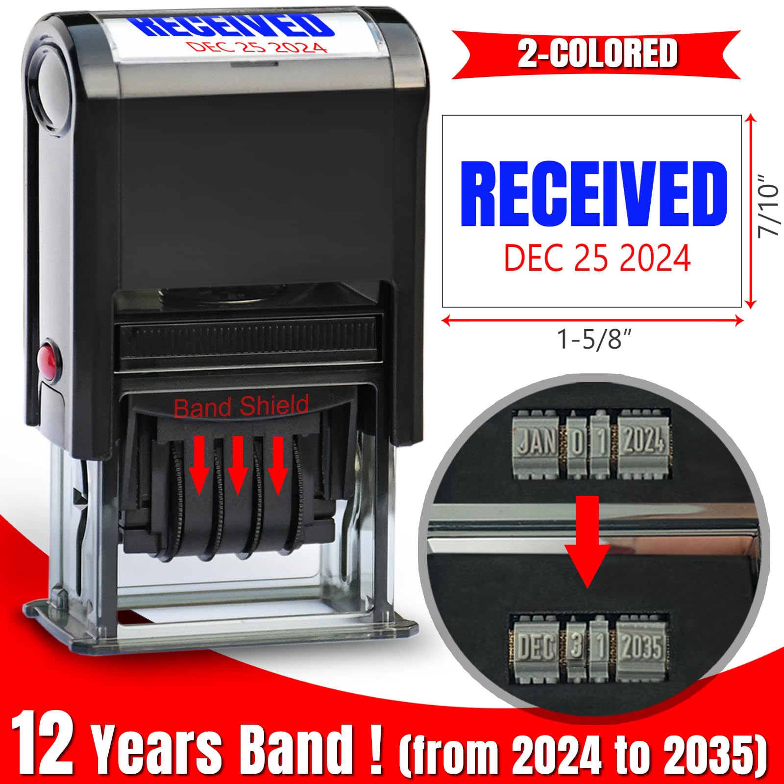 Photo 1 of Bertiveny Received-Stamps-with-Date Self Inking Date Stamp Office Rubber Stamps for Business Supplies Received Date Stamp, 12-Year Bands 2-Colored Ink 2025 (Received Stamp)