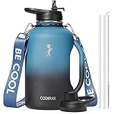 Coolflask 64 oz Water Bottle Insulated with Handle, Half Gallon Water Jug With Strap Straw Stainless Steel Double-Walled Vacuum Metal Large Flask Leakproof, Keep Cold 48 Hrs Hot 24hrs, Prussian Blue