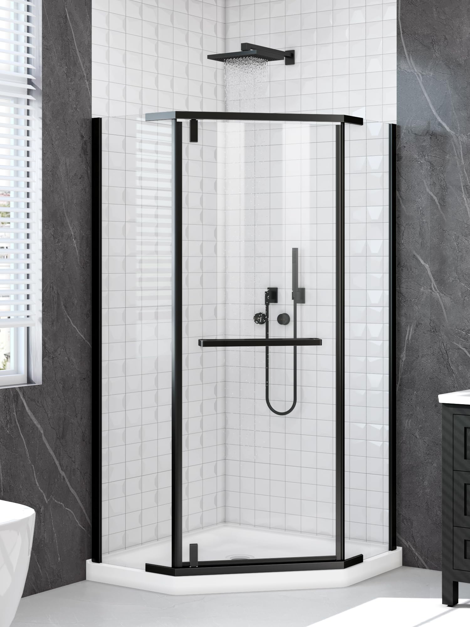 Photo 1 of 36" x 36" D x 72" H Neo Angle Shower Door, Corner Shower Enclosure with 1/4" Clear Tempered Glass, Space-Saving Diamond Shower Stall with Anti-Explosion Film & Easy-Clean Nano Coating, Matte Black