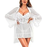 RSLOVE Lingerie Sets for Women Sexy - 2 Piece Babydoll & Lace Kimono Robe Set Strap Chemise Sleepwear Mesh Nightgown Ruffled
