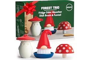OTOTO Forest Trio Bundle of Beardy, Magic Mushroom, Fun Guy - Gnomes Dish Brush, Fungilicious Kitchen Funnel, Fridge Deodorizer, Mushroom Decor Cute Kitchen Accessories, Unique Mushroom Gnome Gifts