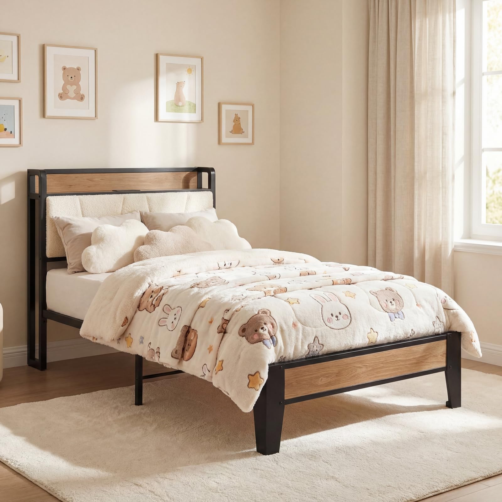 Photo 1 of ***MISSING PARTS***LIKIMIO Twin Bed Frames, Storage Headboard with Charging Station, Solid and Stable, Noise Free, No Box Spring Needed, Easy Assembly, Wood and Cream