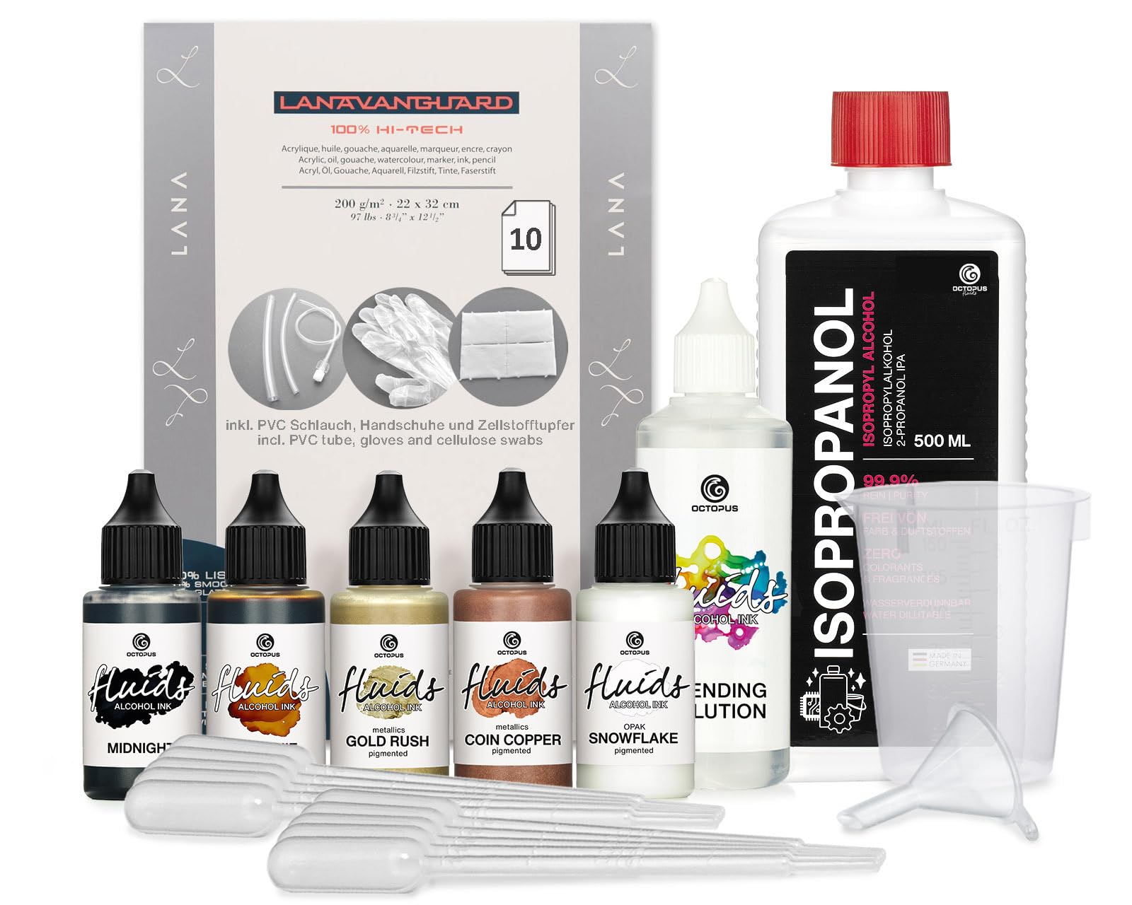 Octopus 5 x 30 ml Fluids Alcohol Ink Complete Kit blumenkindjen with Blending Solution, Alcohol Ink Paper and supplies for alcohol ink art