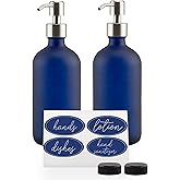 Cornucopia Brands 16oz Glass Pump Bottles (Set of 2, Blue w/Silver; Soap Dispenser Pump Bottles with Brushed Metal Pump Tops