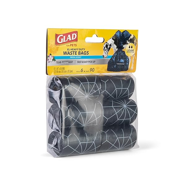 GLAD FOR PETS EXTRA LARGE DOG POOP BAGS 6 ROLLS, 90 COUNT, FRESH SCENT – HEAVY DUTY SCENTED POOP BAGS – TEAR RESISTANT DOGGIE POOP BAGS – SCENTED DOG POOP BAG ROLLS – BLACK POOP BAGS FOR DOGS