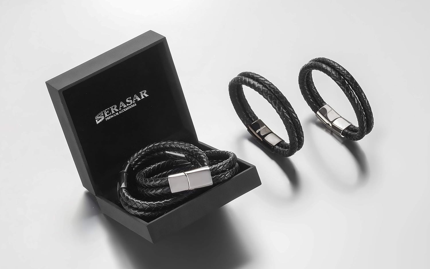 SERASAR Bracelets for Boys 17cm Silver Gift-Box Genuine-Leather Cowhide Braided Adjust-Able Magnetic-Clasp Multi-Layer Jewellery-Box Rope Man Mans Male Boy Boys Mens Bracelets Band Jewelry Accessories: Jewelry