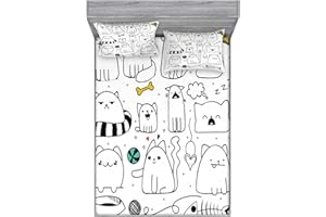 Ambesonne Cartoon Fitted Sheet & Pillow Sham Set, Hand Drawn Sketchy Funny Cats with Toys and Colored Shapes for Art, Decorative Printed 2 Piece Bedding Decor Set, Full, Dark Grey Multicolor
