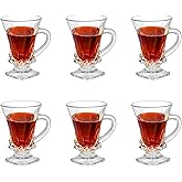 binsakao Turkish Tea Cups Set of 6 - Glass Tea Cups with Handle - 4.6 oz Small Clear Footed Coffee Mugs for Tea, Espresso Coffee, Hot Chocolate, Dishwasher Safe