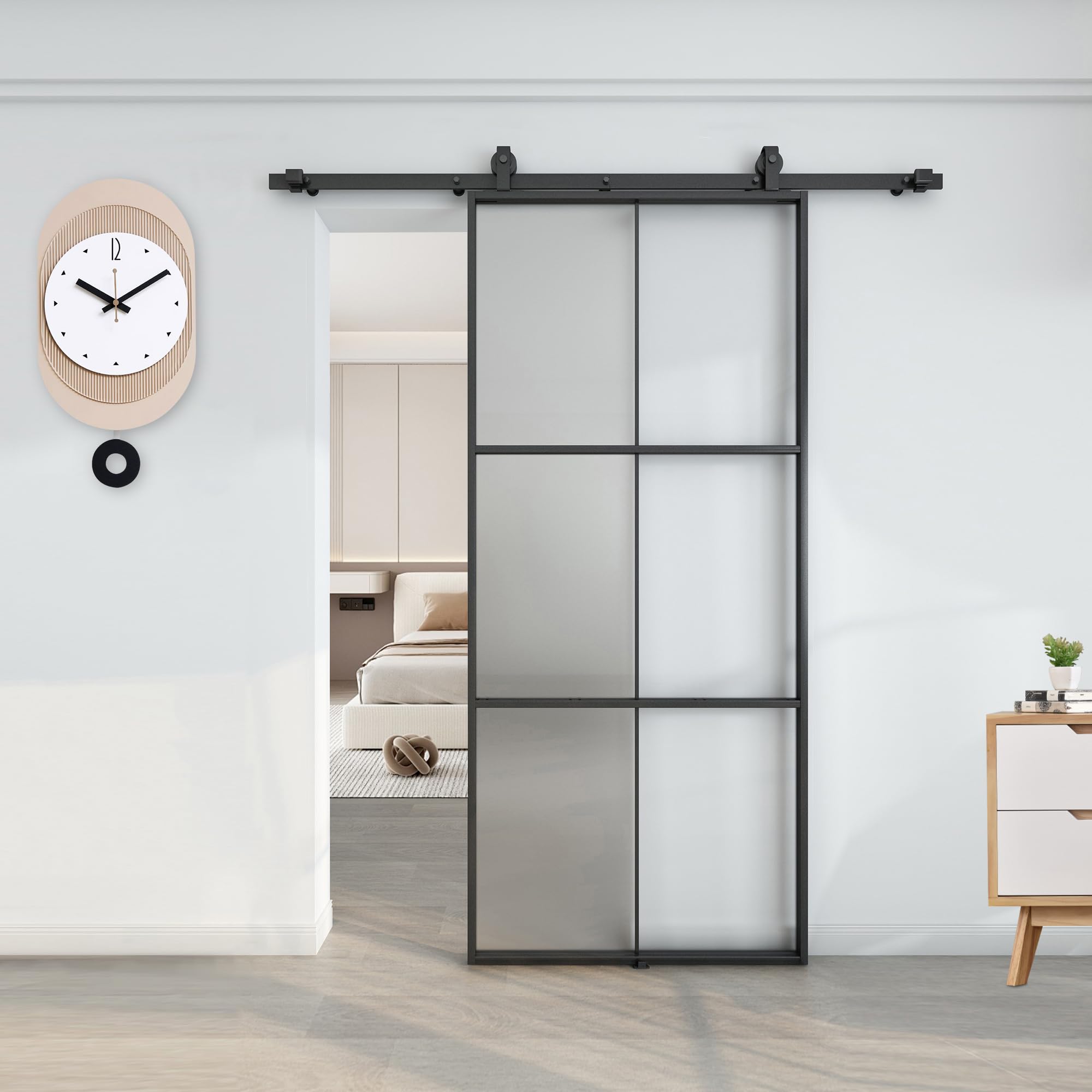 Photo 1 of BARNSMITH 36in x 80in Glass Barn Door with 6FT Hardware Included, Aluminum Alloy Frame Frosted Tempered Glass, 6-Lite Lightweight Sliding Barn Door, Easy Assembly