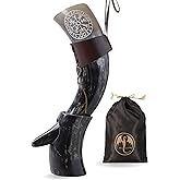 OLDEMPEROR Viking Drinking Horn - 12 Inch with Viking Compass Engraved & Leather Holster | Handmade Beer Cup | Food Grade | Unique Genuine Ox Horn| Natural Shine Finish| Viking Gift for Men & Women