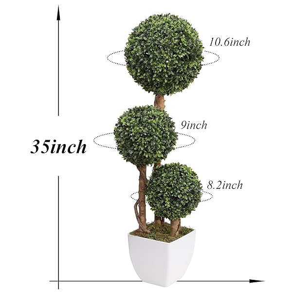 DAMOMO ARTIFICIAL BOXWOOD BALL TOPIARIES TREES, OUTDOOR 3FT FAKE TOPIARY TRIPLE BALL BOXWOOD TREE 2 PACKS, FAUX SHRUBS GREEN PLANTS DETACHABLE SPHERE POTTED DECOR INDOOR PORCH OR GARDEN（35INCH）