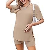 Ekouaer Women's Maternity Pajamas Sets 2 Piece Outfits Short Sleeve Shirts and Biker Shorts Pregnancy Loungewear Mama Clothes
