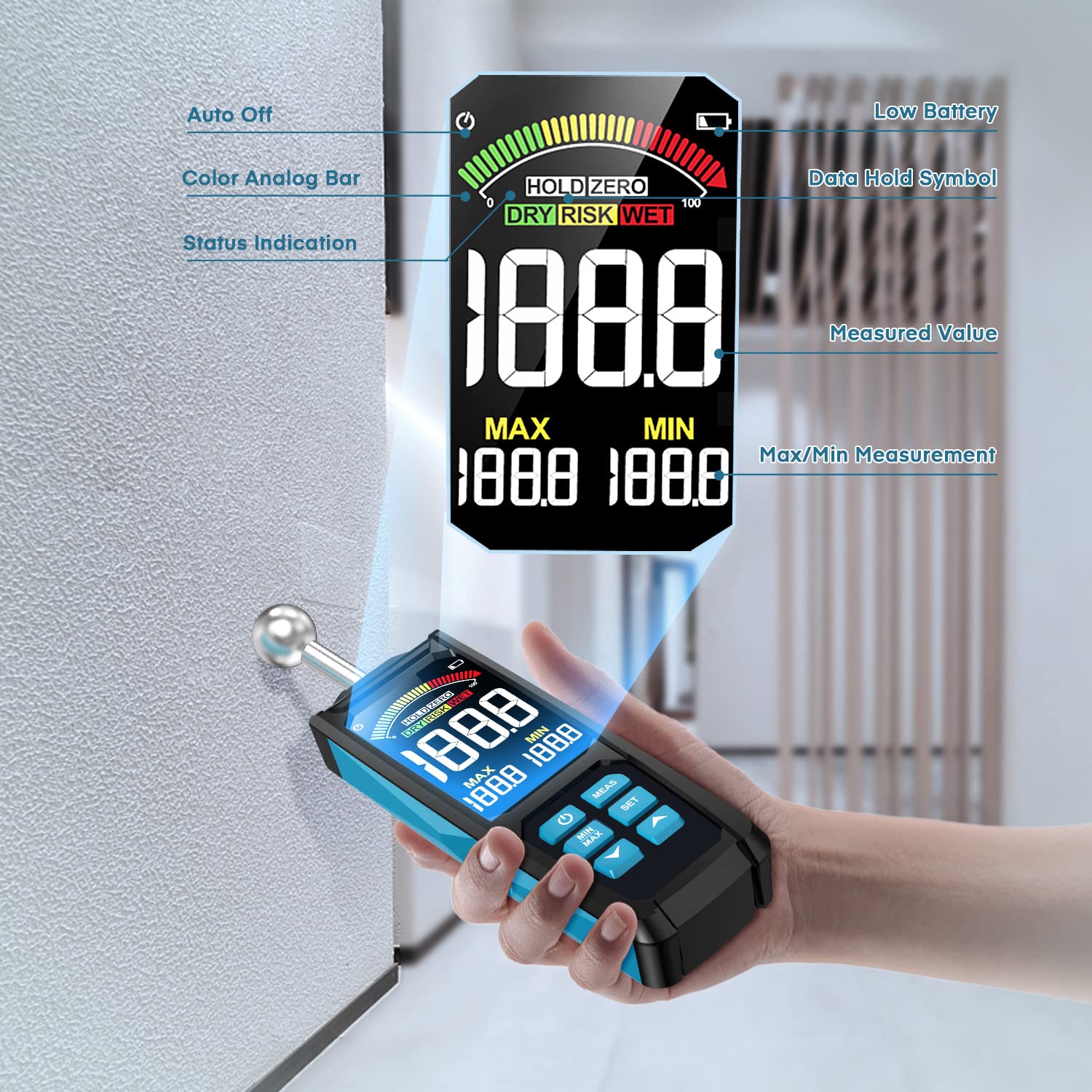 Feuchtigkeitsmessgerät, DURFICST 3-Zoll-HD-Farb-Großbild-Feuchtemessgerät mit Stoffbeutel, 20-40 mm Tiefenanalyse Feuchtigkeitsmesser,für Alle Baumaterialien, Holz, Wand, Putz, Mauerwerk 3