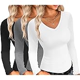 Ekouaer Womens 3 Pack Long Sleeve Shirts V Neck Slim Fit Lightweight Layer Tops 2024 Fall Clothes Thermal Undershirts