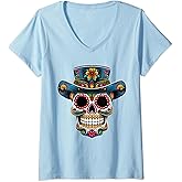 Sugar Skull De Los Muertos Halloween Cowboy Hat Floral Skull V-Neck T-Shirt