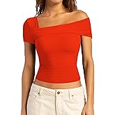 SUUKSESS Women One Off The Shoulder Summer Tank Tops Ruched Short Sleeve Shirts