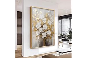 AITESI ART Hand-Painted White and Gold Flowers Painting On Canvas for Living Room,Large 3D Floral Wall Art for Office,Framed Golden Leaf Textured Artwork for Bedroom Girl's Room Wall Decor 30x48inch
