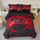 ZSYAYAHA 6 Pcs Games Bed in A Bag for Teens Boys Twin Size Black Red Geometry Gamepad Bedding Sets for Kids Soft Bright Game Console Comforter Set for Boys Children(Red, Twin)
