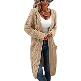 Putysenxi Hooded Open Front Cardigan Sweaters for Women Oversized Cable Knit Sweaters Chunky Pocketed Trendy Long Cardigans Khaki, Small