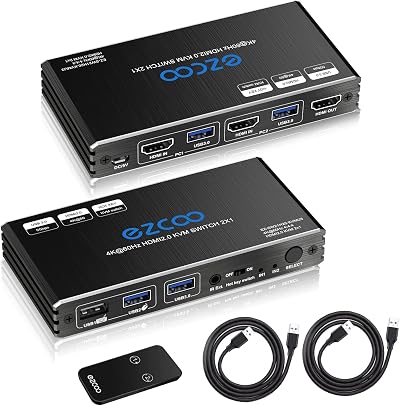 ROFAVEZCO 2-Port HDMI USB 3.0 KVM Switch 4K 60Hz HDR HDCP2.2 Remote Hotkey